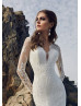 Long Sheer Sleeve Ivory Lace Keyhole Back Wedding Dress